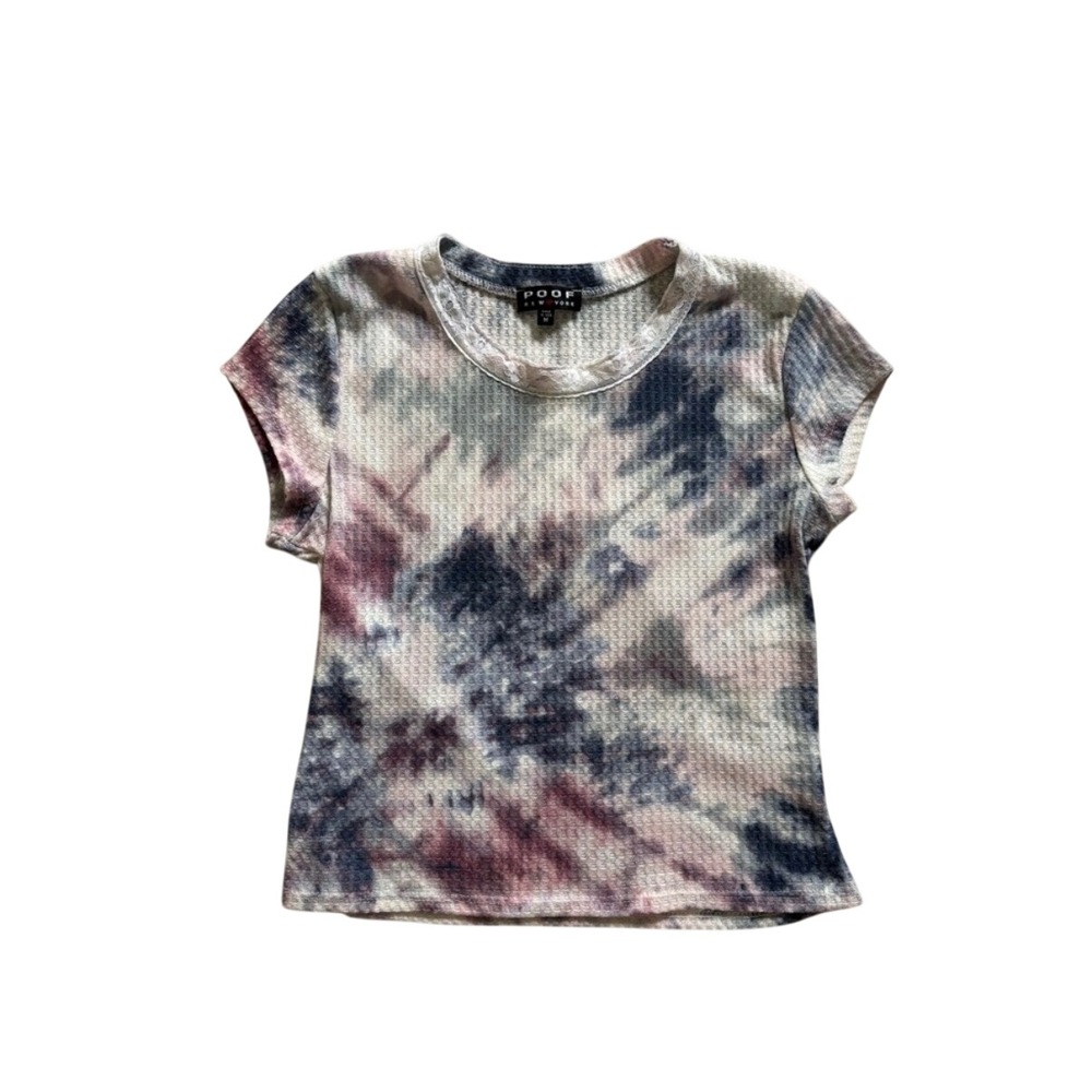 Poof New York Tie Dye Waffle Knit Baby Tee Lace Trim Purple Grey Womens Medium